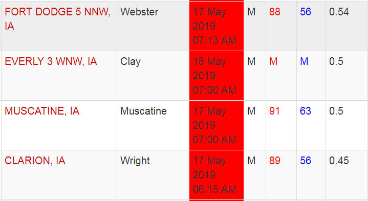 Iowa rainfall totals Friday May 17, 2019 National Weather Service, Iowa State University