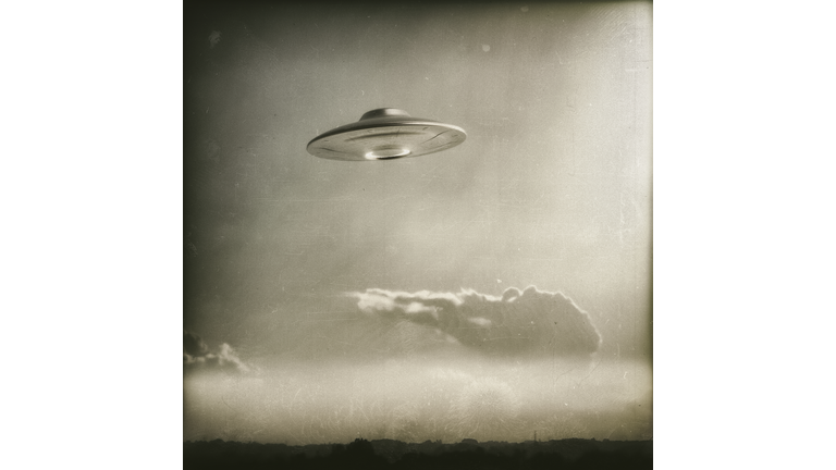 Vintage UFO in the sky, illustration