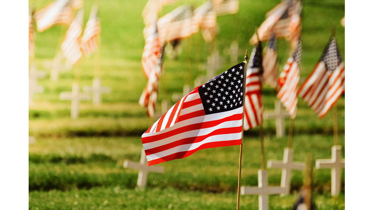 Single focus on American flag on Memorial  Day