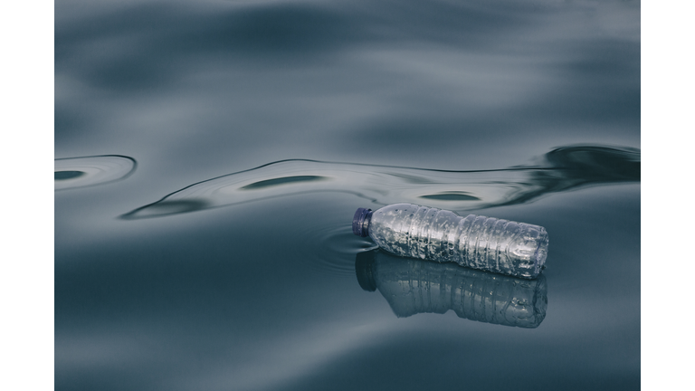 Plastic water bottle floating on water surface