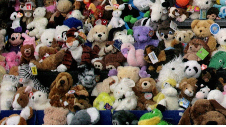 Stuffed animals rest on a shelf that wer