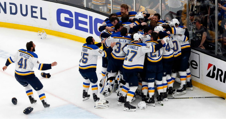  The St. Louis Blues celebrate after defeating the Boston Bruins in Game Seven to win the 2019 NHL Stanley Cup Final at TD Garden on June 12, 2019 in Boston, Massachusetts. (Photo by Rich Gagnon/Getty Images)