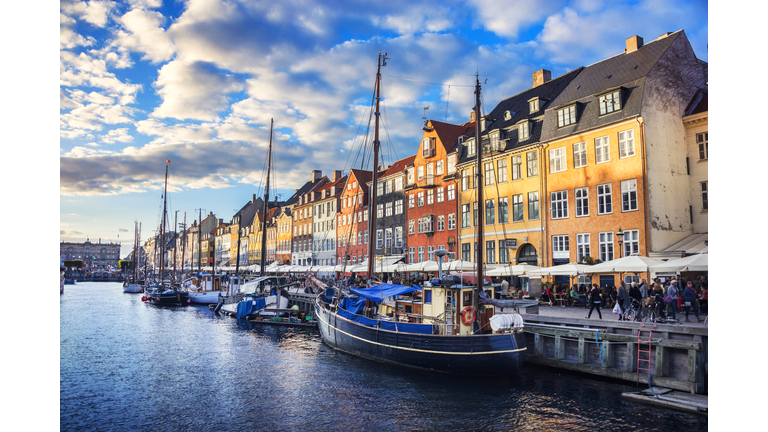 Colorful Traditional Houses in Copenhagen old Town Nyhavn at Sunset