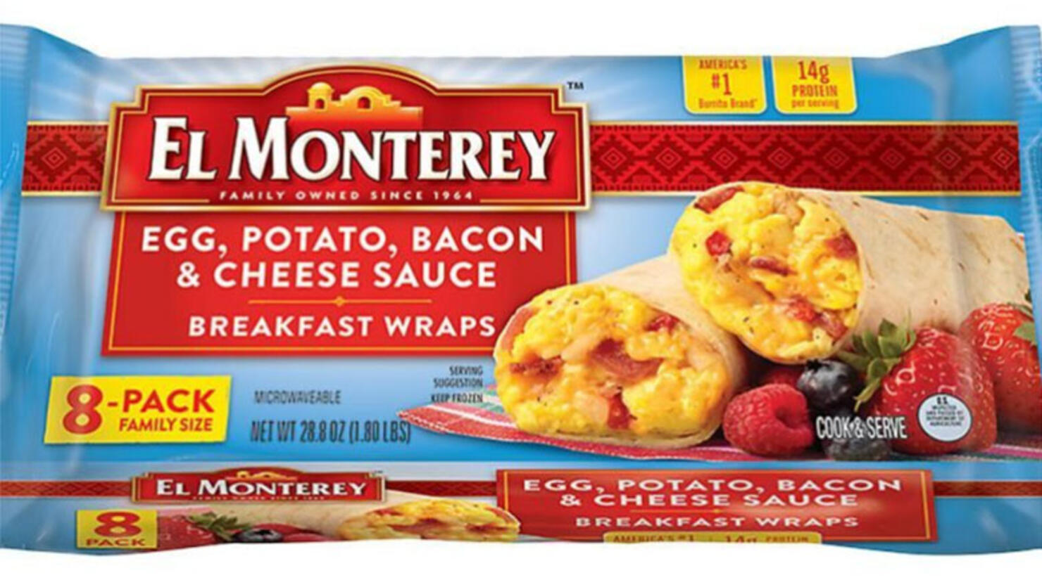  8-Pack family size of frozen El Monterey egg, potato, bacon and cheese sauce breakfast wraps 