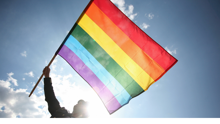 A Polish wave a rainbow flag as he takes