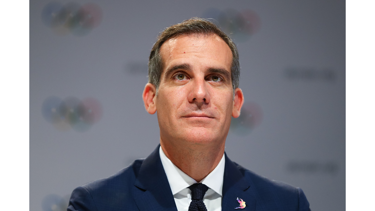 LA Mayor Eric Garrett looks on answers questions to media during a joint press conference between IOC, Paris 2024 and LA2028 during the131th IOC Session - 2024 & 2028 Olympics Hosts Announcement at Lima Convention Centre on September 13, 2017 in Lima, Peru. (Photo by Buda Mendes/Getty Images)