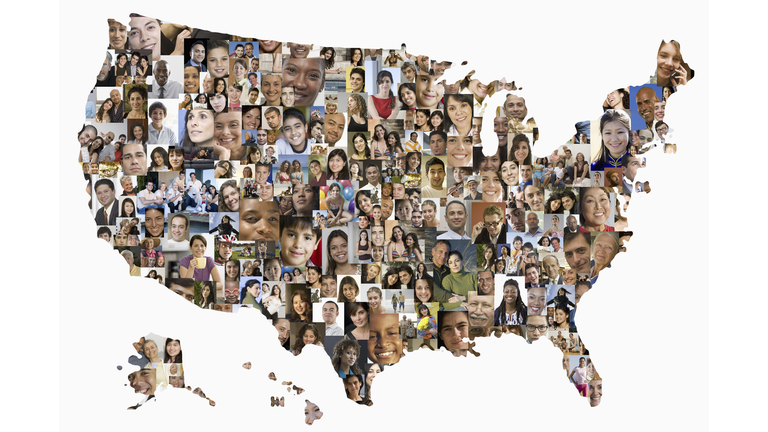 Collage of business people in shape of United States map