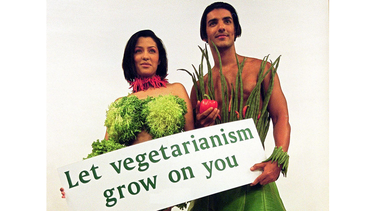 Indian models dressed in outfits made of vegetable