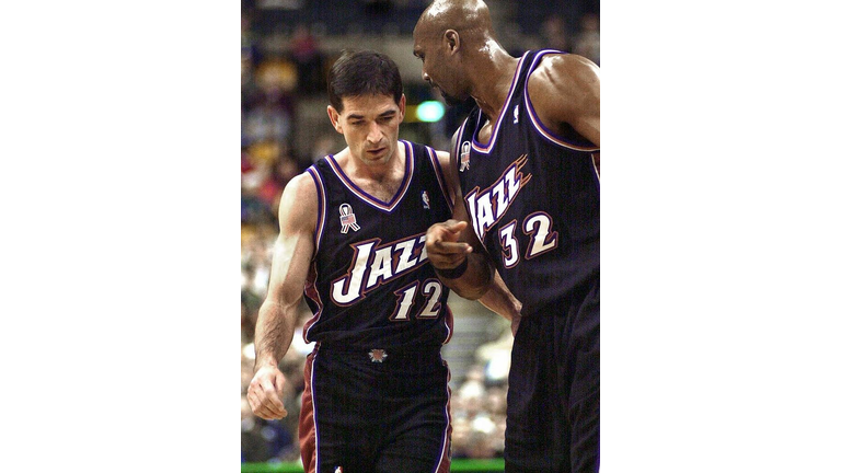 John Stockton (L) and Karl Malone (R) of the Utah