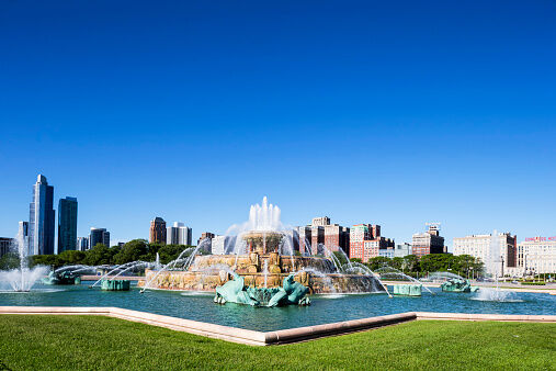 USA, Illinois, Chicago, Millennium Park with Buckingham Fountain