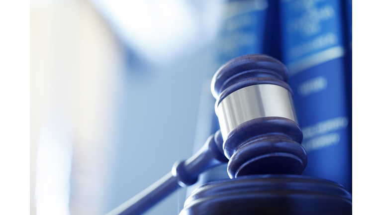Gavel In Front Of Row Of Law Books
