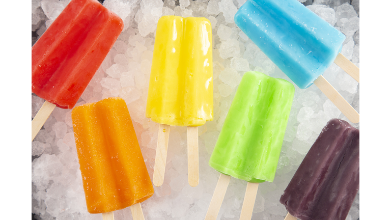 Rainbow Two Stick Popsicles in a a Box of Ice