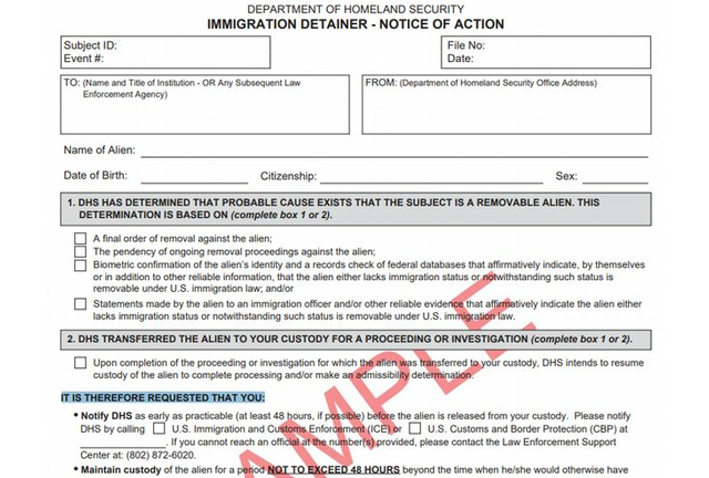 Immigration and Customs Enforcement Detainer sample