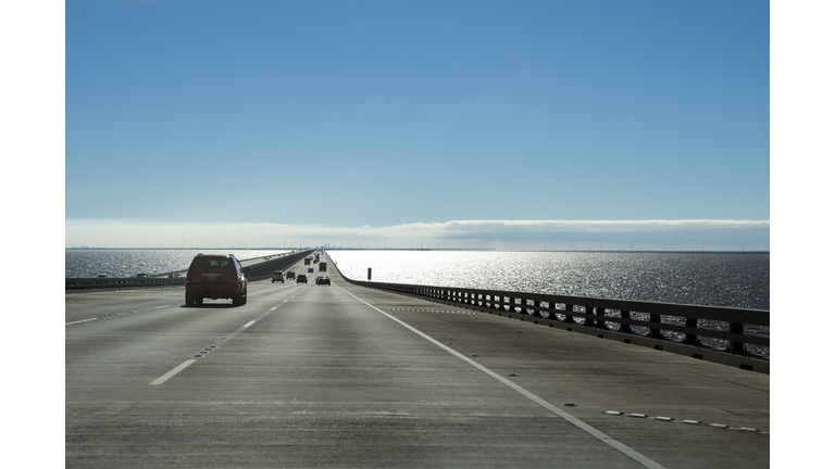 Driving on I-10, crossing Lake Pontchartrain enroute to New Orleans