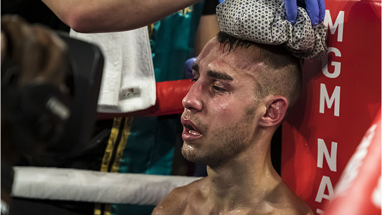 Maxim Dadashev receives attention in his corner after his corner threw in the towel following the eleventh round of his junior welterweight IBF World Title Elimination fight against Subriel Matias (not pictured) at The Theater at MGM National Harbor on July 19, 2019 in Oxon Hill, Maryland. (Photo by Scott Taetsch/Getty Images)
