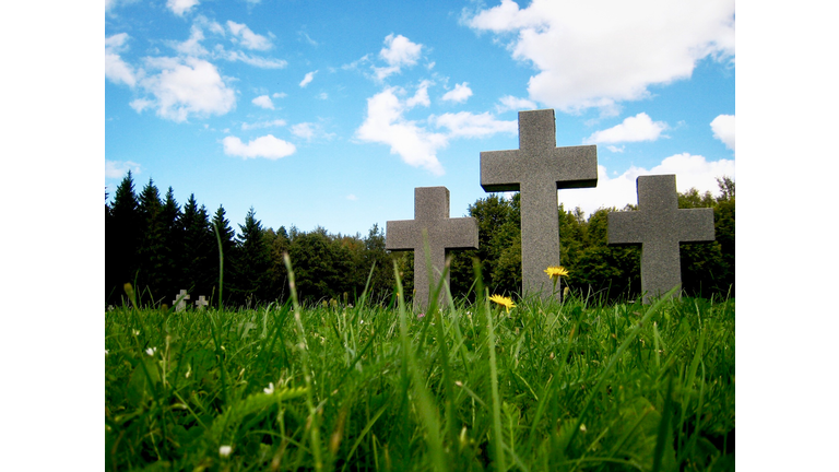 Tombs in grass graveyard