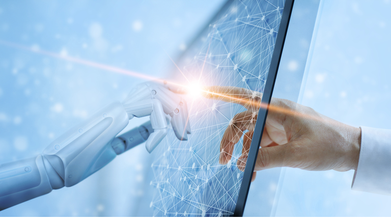 Hands of robot and human touching on global virtual network connection future interface. Artificial intelligence technology concept.