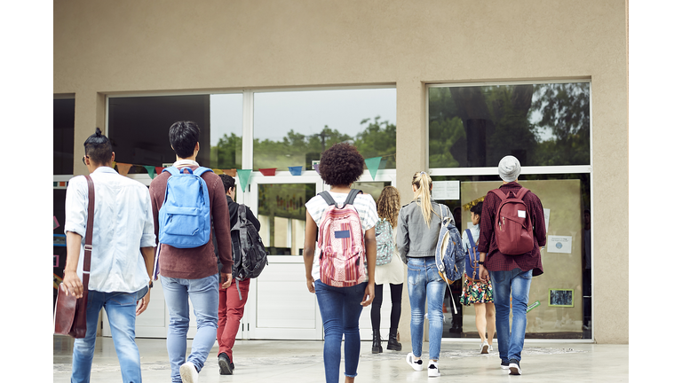 College students walking on campus, rear view