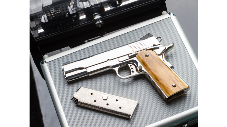 side view of hand gun pistol with gun magazine