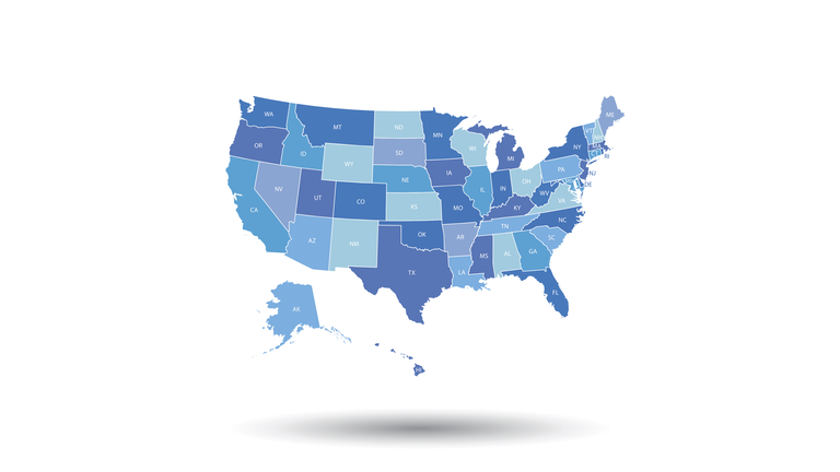 High detailed USA map with federal states. Vector illustration United states of America in blue color.