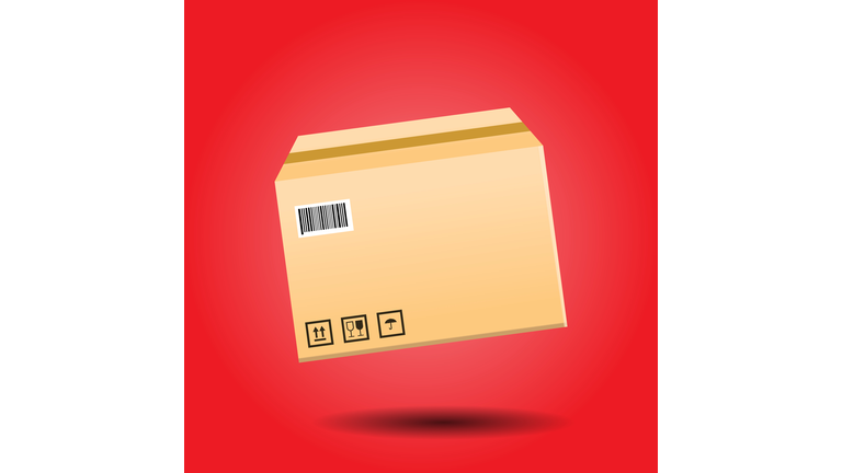 isolated package box flying with shadow in red background