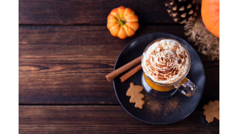 Pumpkin smoothie, spice latte. Boozy cocktail Top view