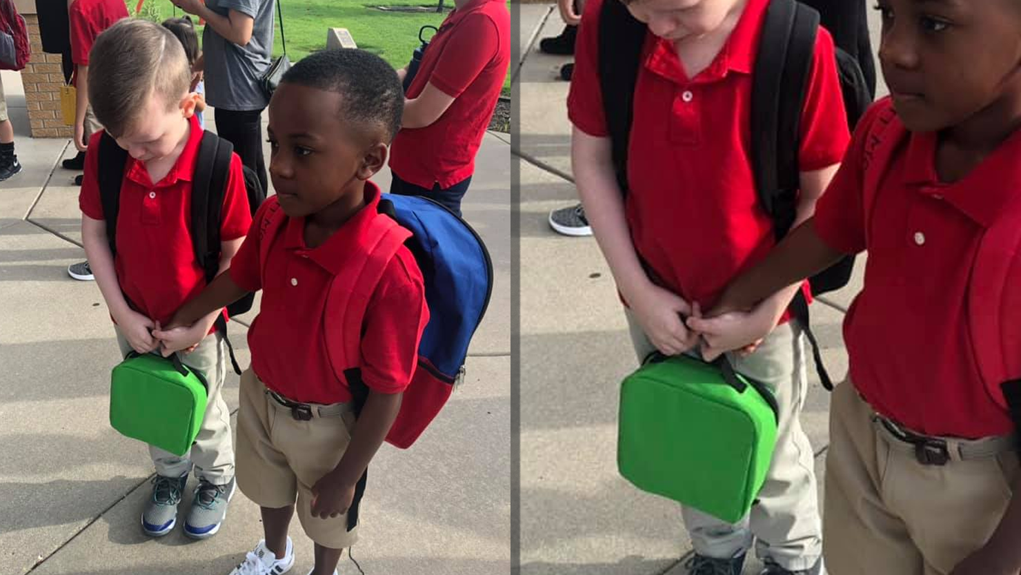 8-year-old comforts fellow student on first day of classes. 