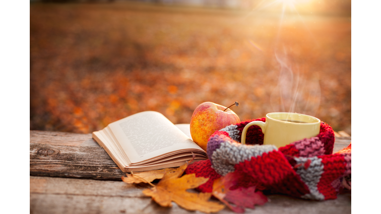 Tea mug with warm scarf open book and apple