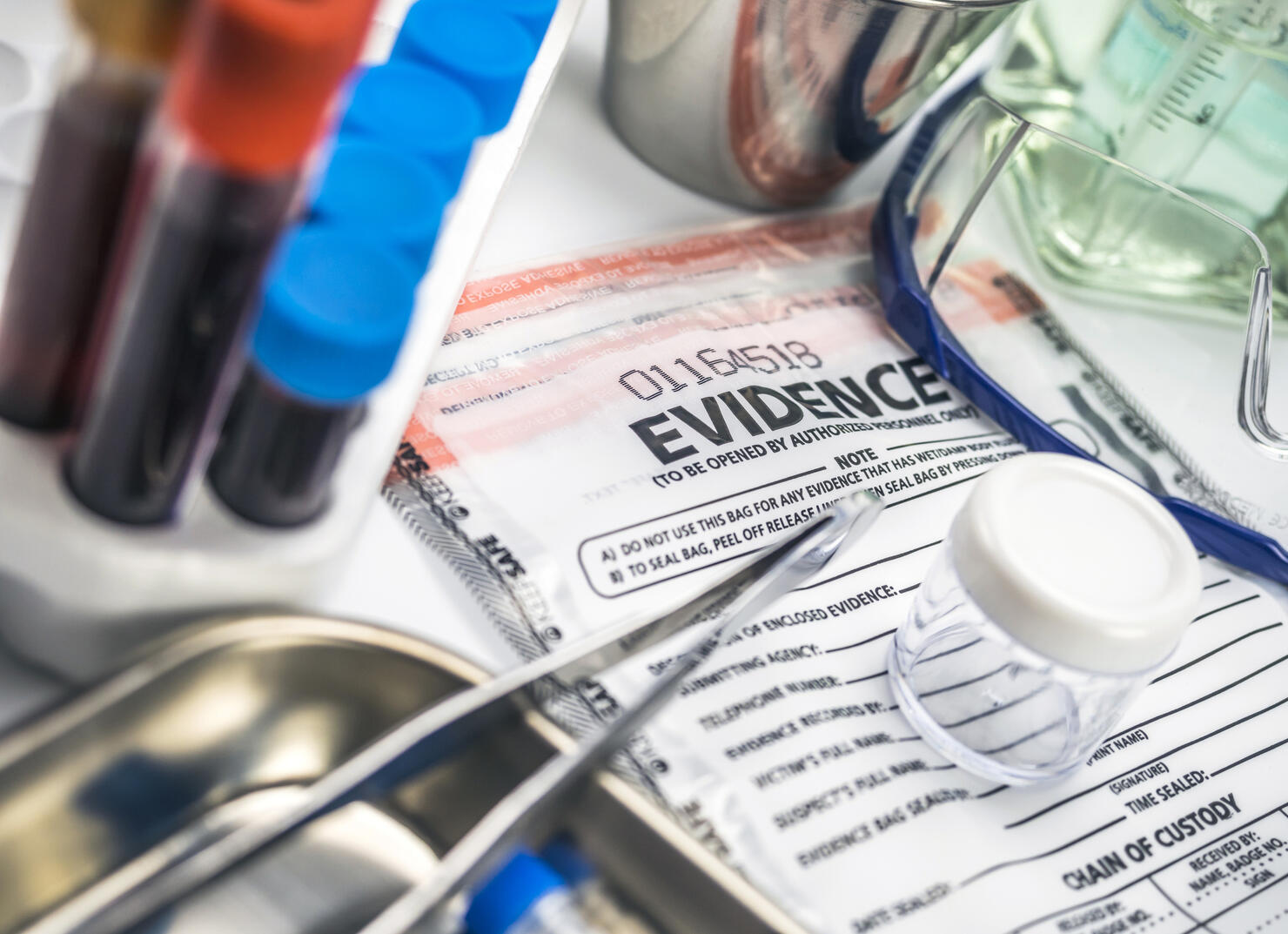 Evidence bag, Police scientific laboratory, conceptual image, horizontal composition