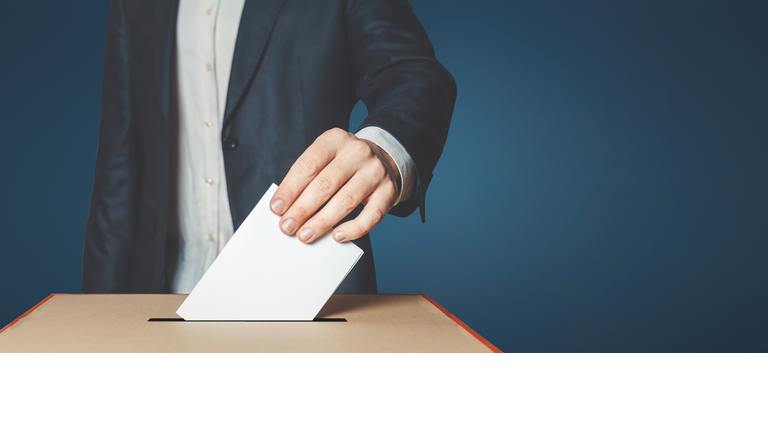 Man Voiter Putting Ballot Into Voting box. Democracy Freedom Concept