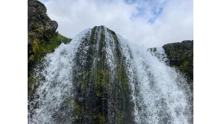 View at Kirkjufellsfoss waterfall from below
