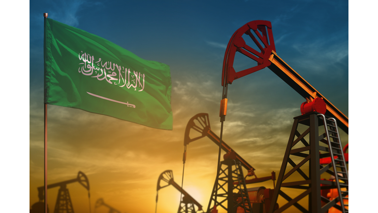 Saudi Arabia oil industry concept. Industrial illustration - Saudi Arabia flag and oil wells against the blue and yellow sunset sky background - 3D illustration