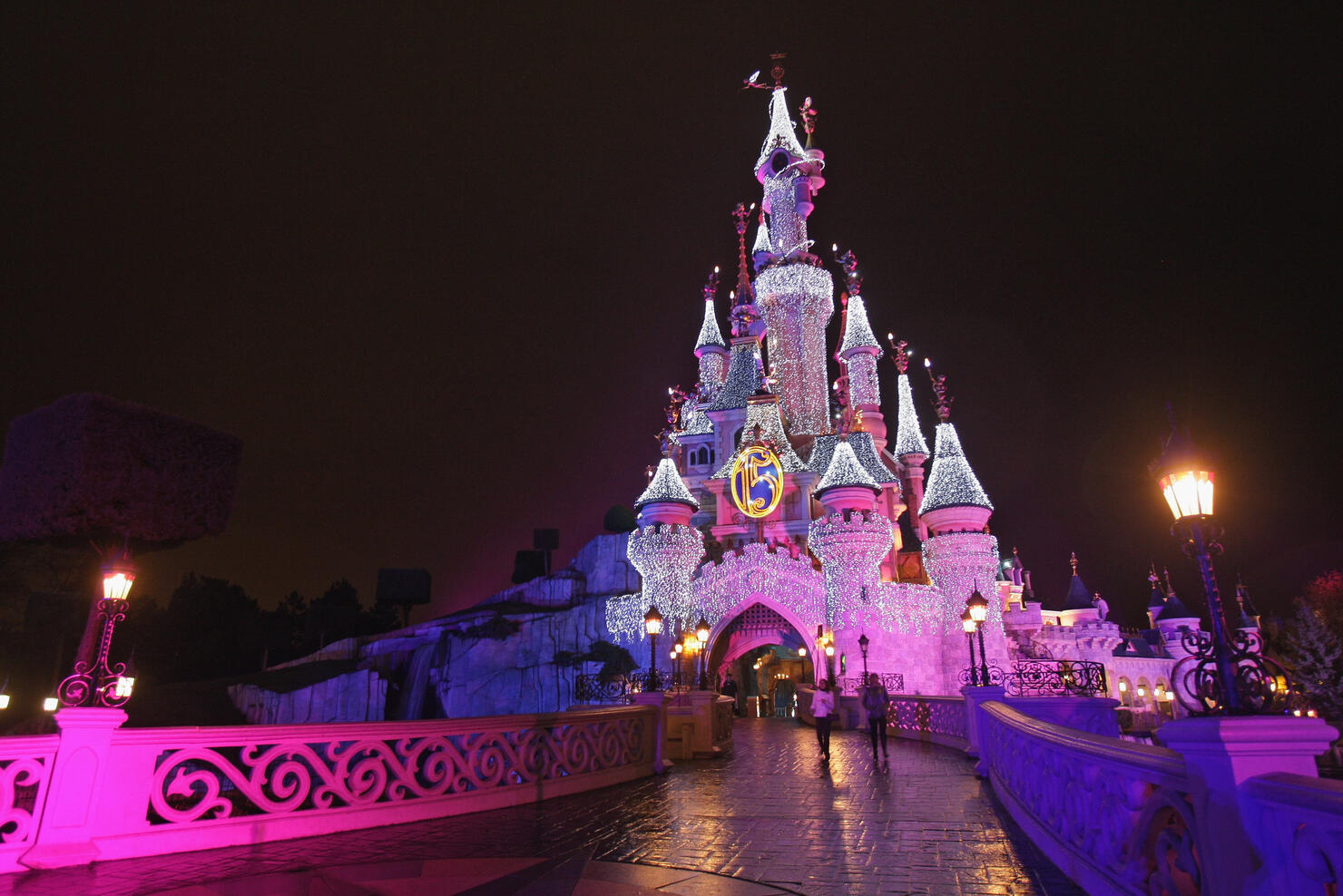 Sleeping beauty Castle at night with Christmas lights, Disneyland Park, Disneyland  Paris