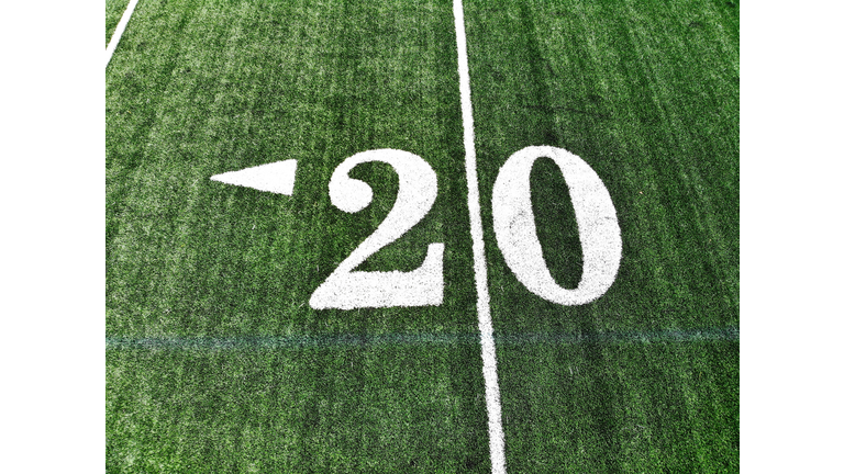 Drone Shot Of The 20 Yard Mark On An American Football Field