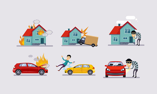 Insurance and risk insured events set, road accidents, property protection vector Illustration