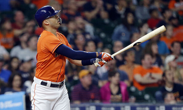 Carlos Correa #1 of the Houston Astros hits a home run in the third inning against the Los Angeles Angels at Minute Maid Park on September 20, 2019 in Houston, Texas. (Photo by Bob Levey/Getty Images)