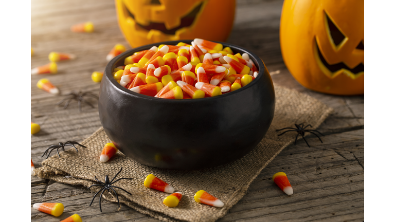 Bowl of Halloween Candy Corns and Jack O' Lantern