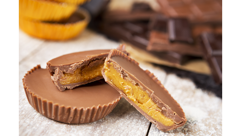 Homemade peanut butter cups on a rustic table