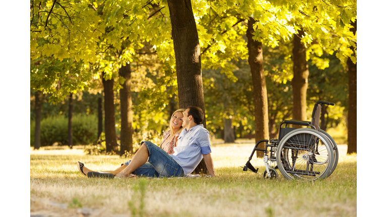 Handicapped Couple Outdoors.