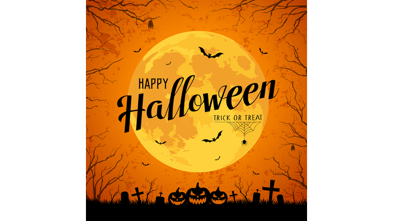 Happy Halloween message yellow full moon and bat on tree