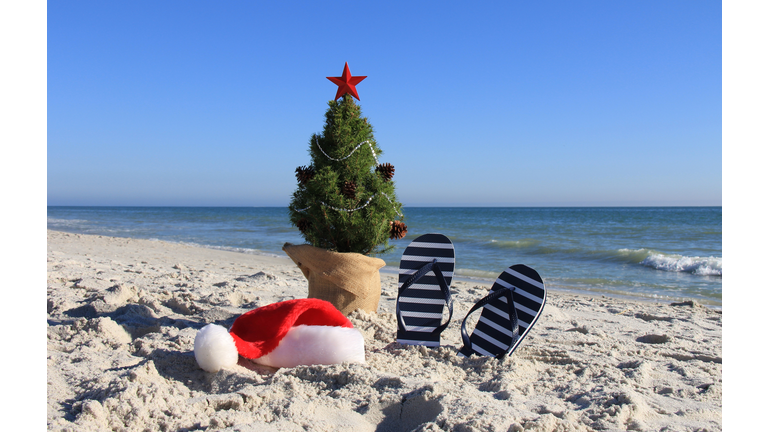 Santa was here. Decorated Christmas tree on the beach.