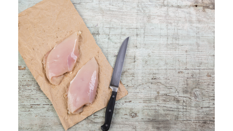 Chicken breast on brown paper and a knife