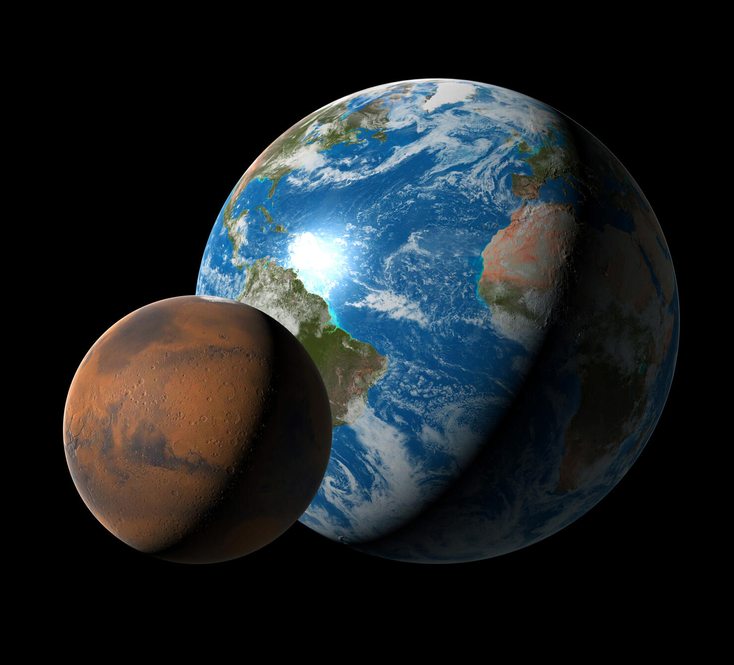 Earth compared to Mars, illustration