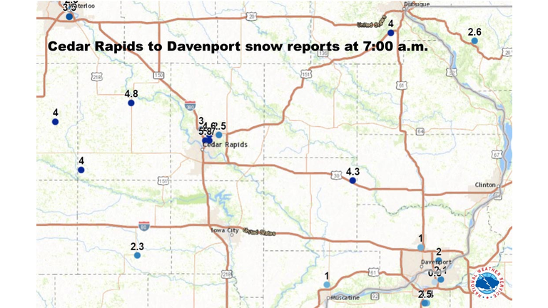 Snow reports at 7:00 a.m. Cedar Rapids to Davenport