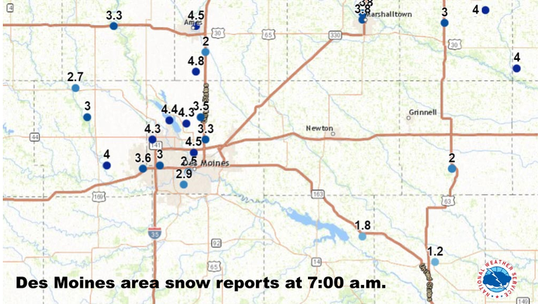 Snow reports at 7:00 a.m. Des Moines region