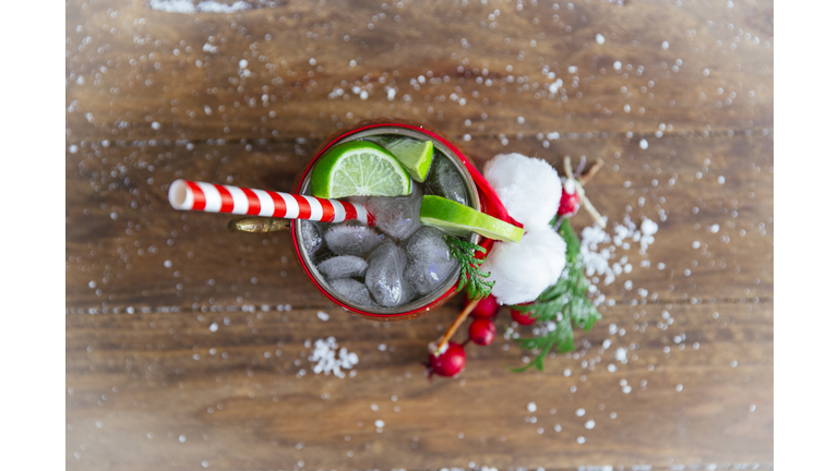 Overhead view of a moscow mule christmas cocktail