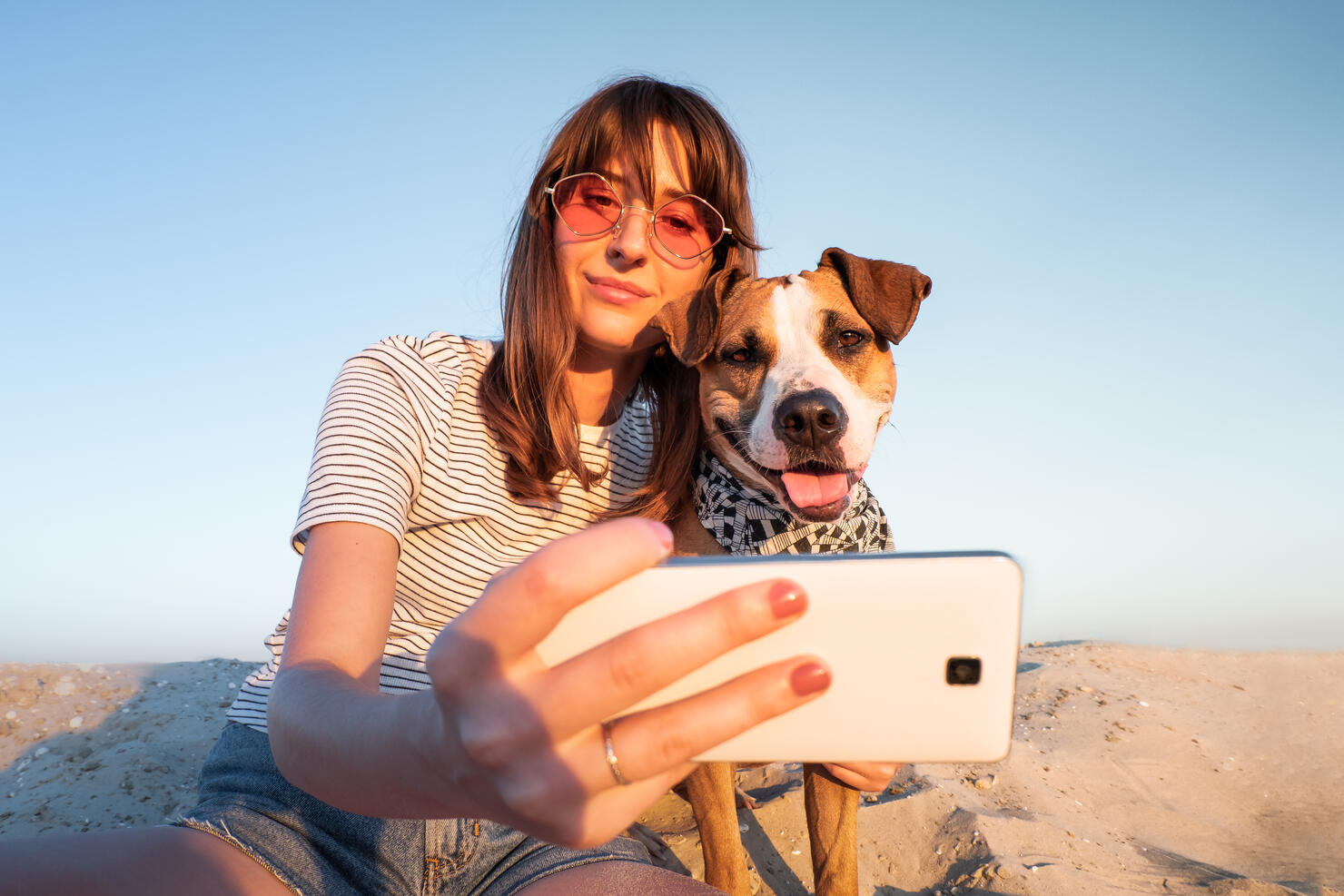 Low Angle View Of Young Woman Taking Selfie With Dog Through Smart Phone At Beach Against Clear Sky