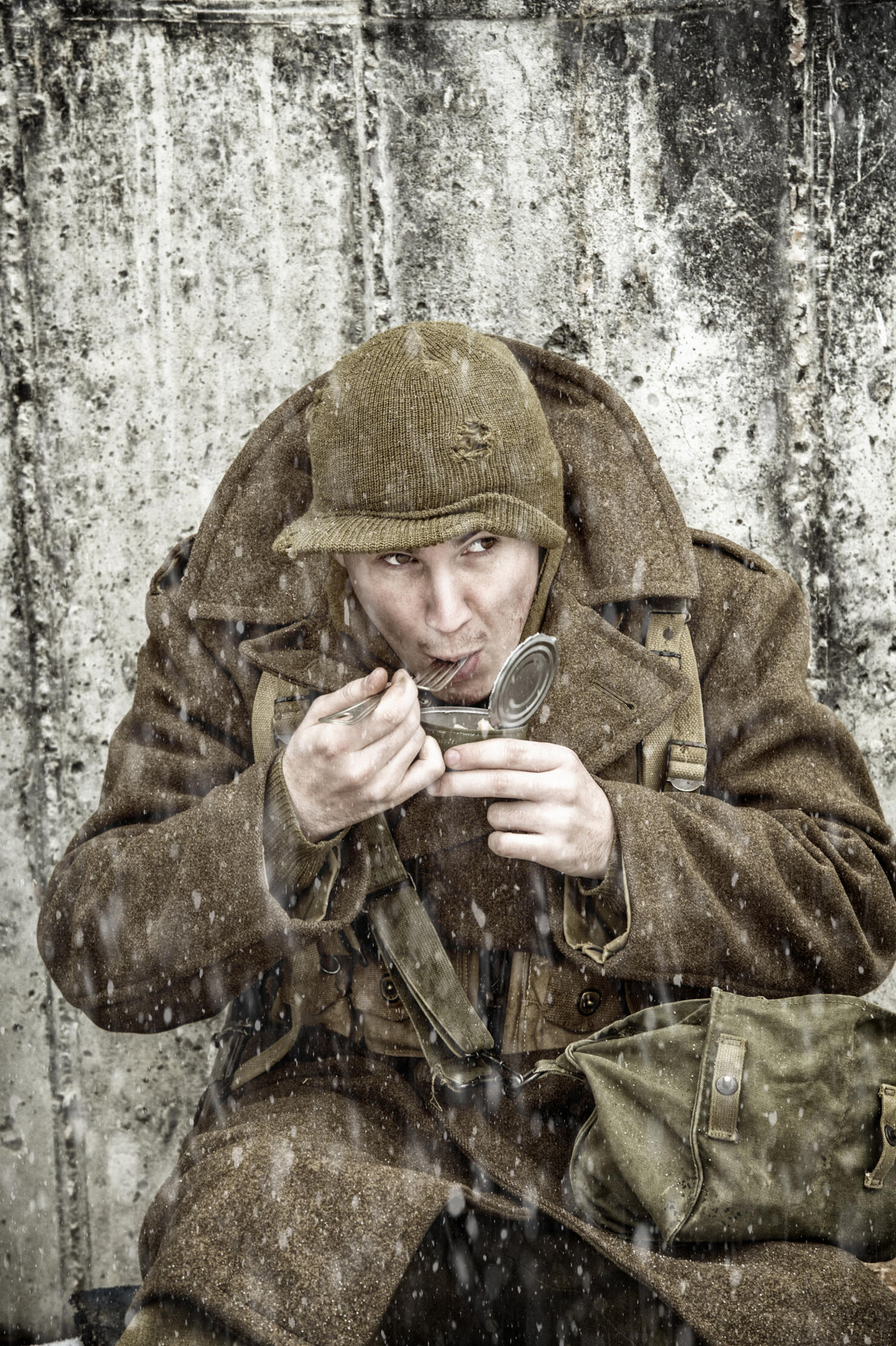 WWII Infantryman Eating With Goverment Issued Fork