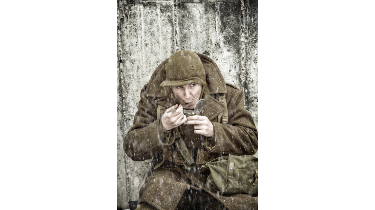 WWII Infantryman Eating With Goverment Issued Fork