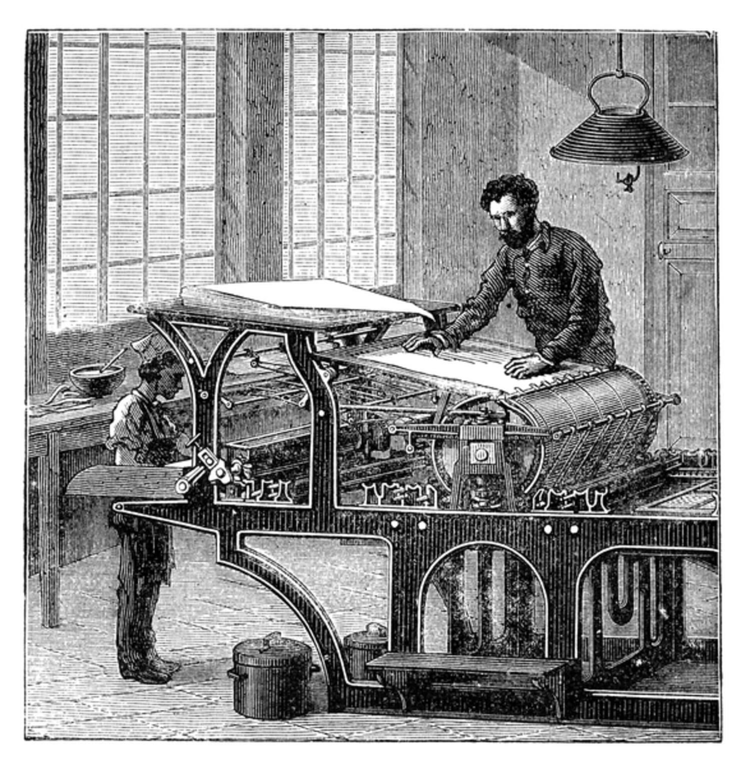 Engraving man and child working at printing press 1882